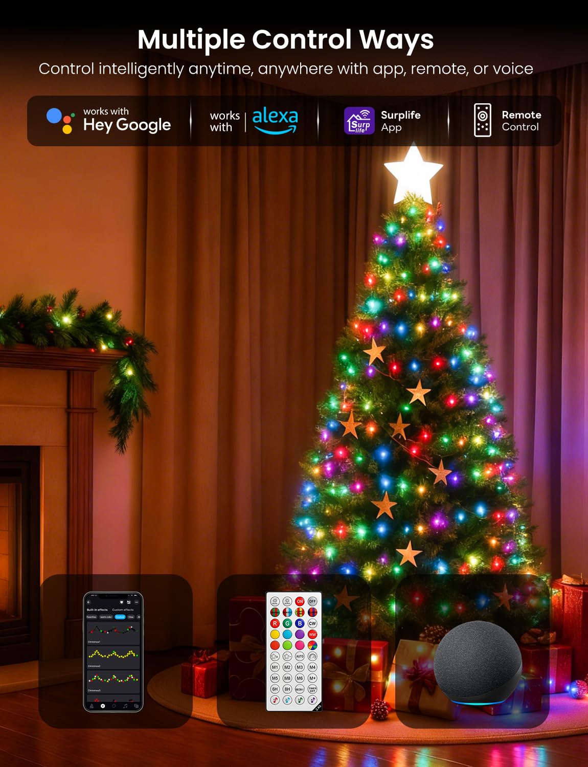 YULINKCO Smart RGB+IC String Lights with 300 LED, 98 FT Indoor Color Changing Christmas Lights, APP & Remote Control, 84 Scenes, Music Mode, Christmas Tree Decor