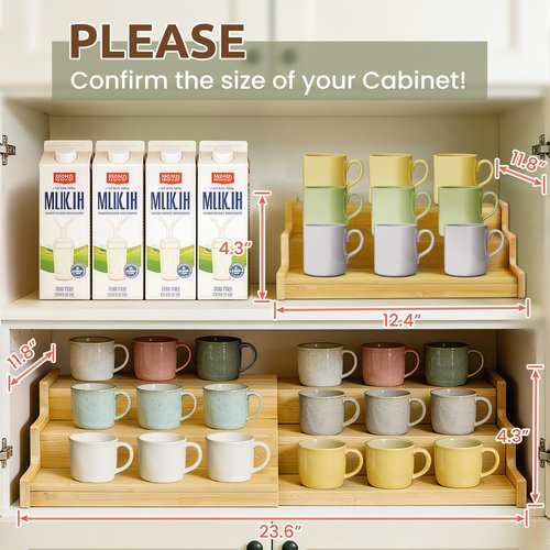 FIMOFIDRE 3-Tier Expandable Bamboo Mug Holder for Countertop Coffee Cup Holder Display Mug Organizer Mug Rack for Coffee Bar Organizer Mug Shelf for Cabinet for Kitchen, Home, No Assembly