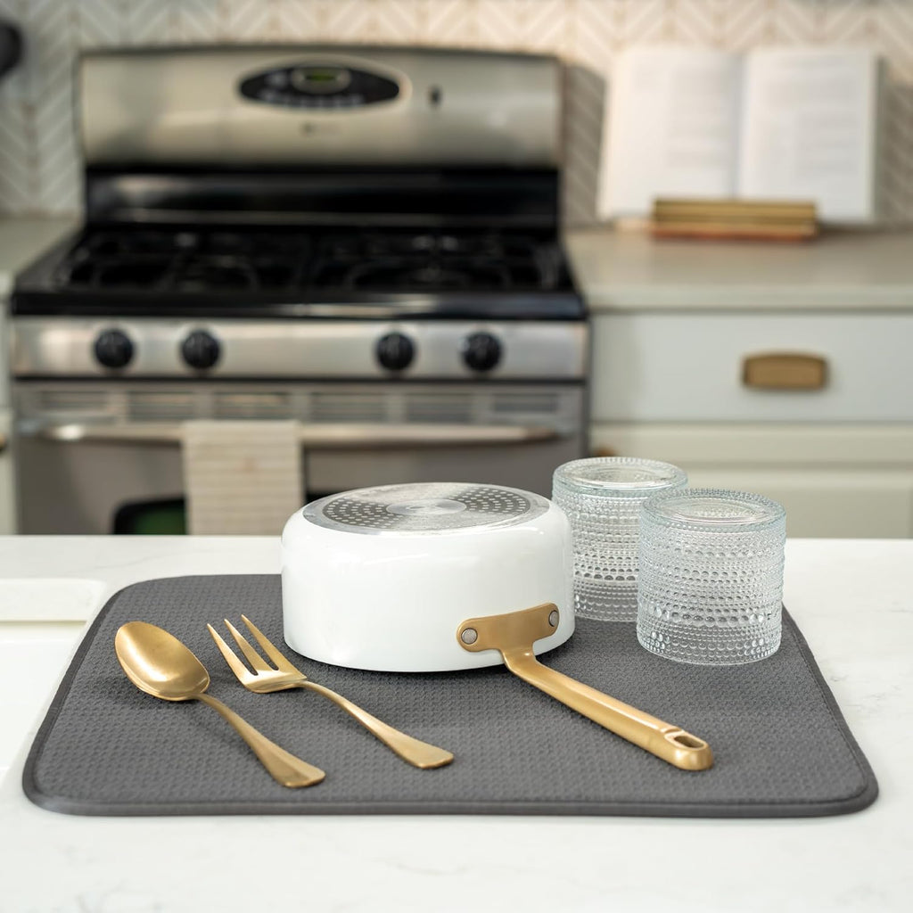 S&T INC. Dish Drying Mat - Absorbent Microfiber Kitchen Counter Pad, 16” x 18”, Charcoal Color