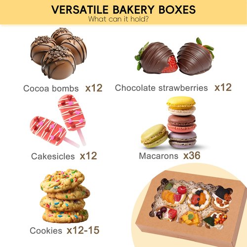 Moretoes 15pcs Bakery Boxes, 12x8x2.5 Inches Auto-Popup Cookie Boxes with Windows for Chocolate Covered Strawberries, Donuts, Pastries (Brown)