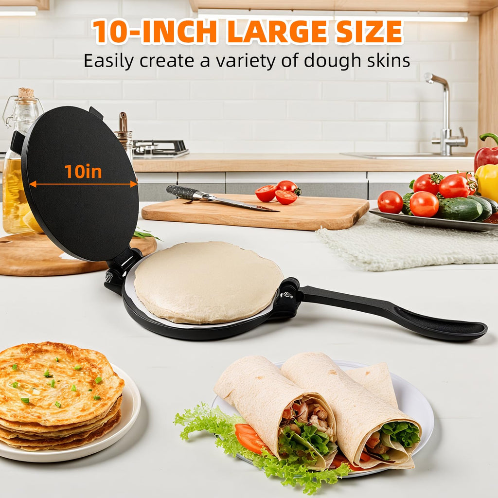Xeoca 10 Inch Cast Iron Tortilla Press & Comal Pan Bundle, Include 100 Pcs Parchment Paper,Commercial-Grade Cast Iron Tortilla Maker, Roti Press, Non-Stick, Heat-Resistant, Black