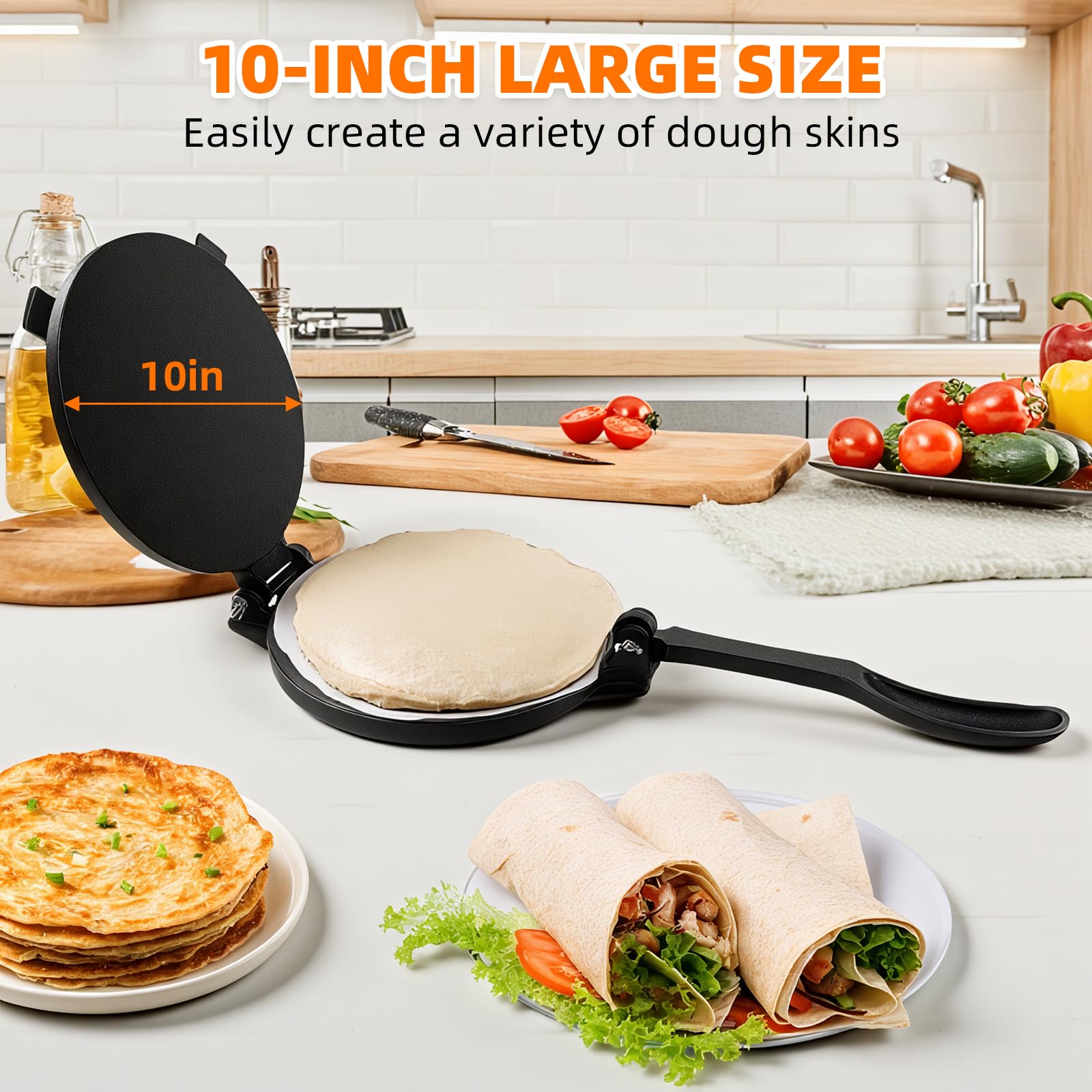 Xeoca 10 Inch Cast Iron Tortilla Press & Comal Pan Bundle, Include 100 Pcs Parchment Paper,Commercial-Grade Cast Iron Tortilla Maker, Roti Press, Non-Stick, Heat-Resistant, Black