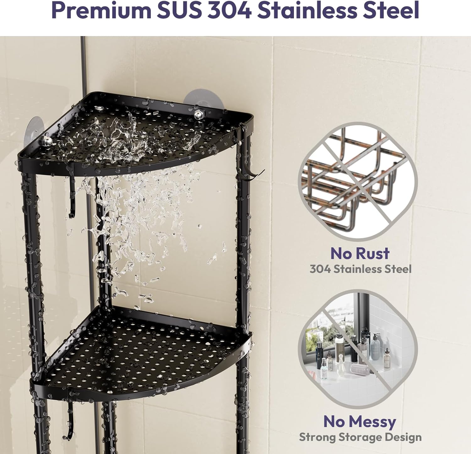 SWTYMIKI Corner Shower Caddy - 3-Tier Stainless Steel Organizer Stand with Hooks | Rustproof Bathroom Storage, Black