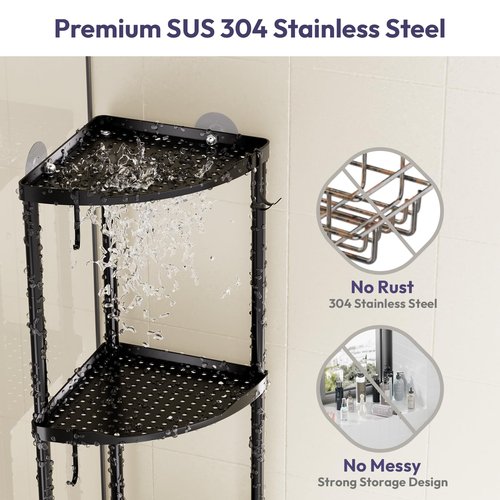 SWTYMIKI Corner Shower Caddy Standing - 3 Tier Stainless Steel Shower Organizer Stand, Large Capacity Floor Shelf with 4 Hooks, Rustproof Bathroom Storage Rack, Black