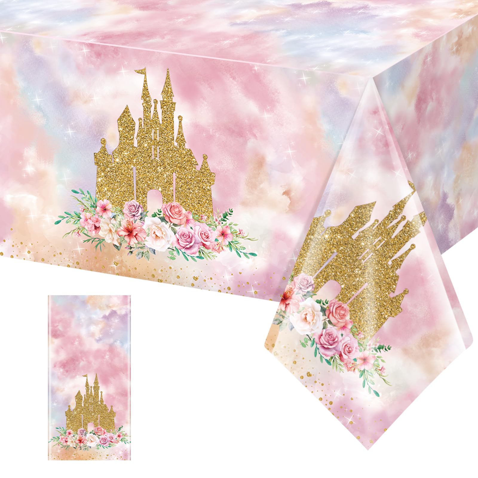 1 Pack Princess Tablecloths Birthday Decorations,Plastic Pink Rose Castle Table Cloth for Parties,Disposable Rectangle Floral Table Cover for Baby Shower Girls Birthday Party Supplies,54x108 Inch