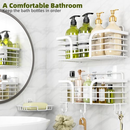 Yougai Shower Caddy, Shower Organizer with Soap Holder and Hooks, Rustproof Shower Shelves, No Drilling Bathroom Organizers and Storage, Wall-Mounted Kitchen & Home Decor (White)