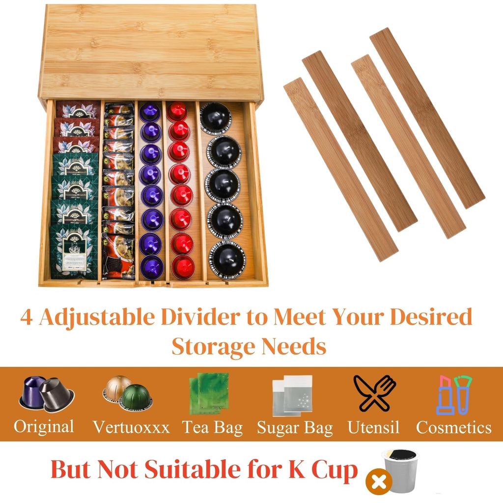Peohud Bamboo Tea Bag Organizer, Tea Bag Storage Box for Countertop with Removable Divider Drawer, Functional Coffee Pod Holder for Kitchen, Office, Coffee Station, Tableware, Cosmetics