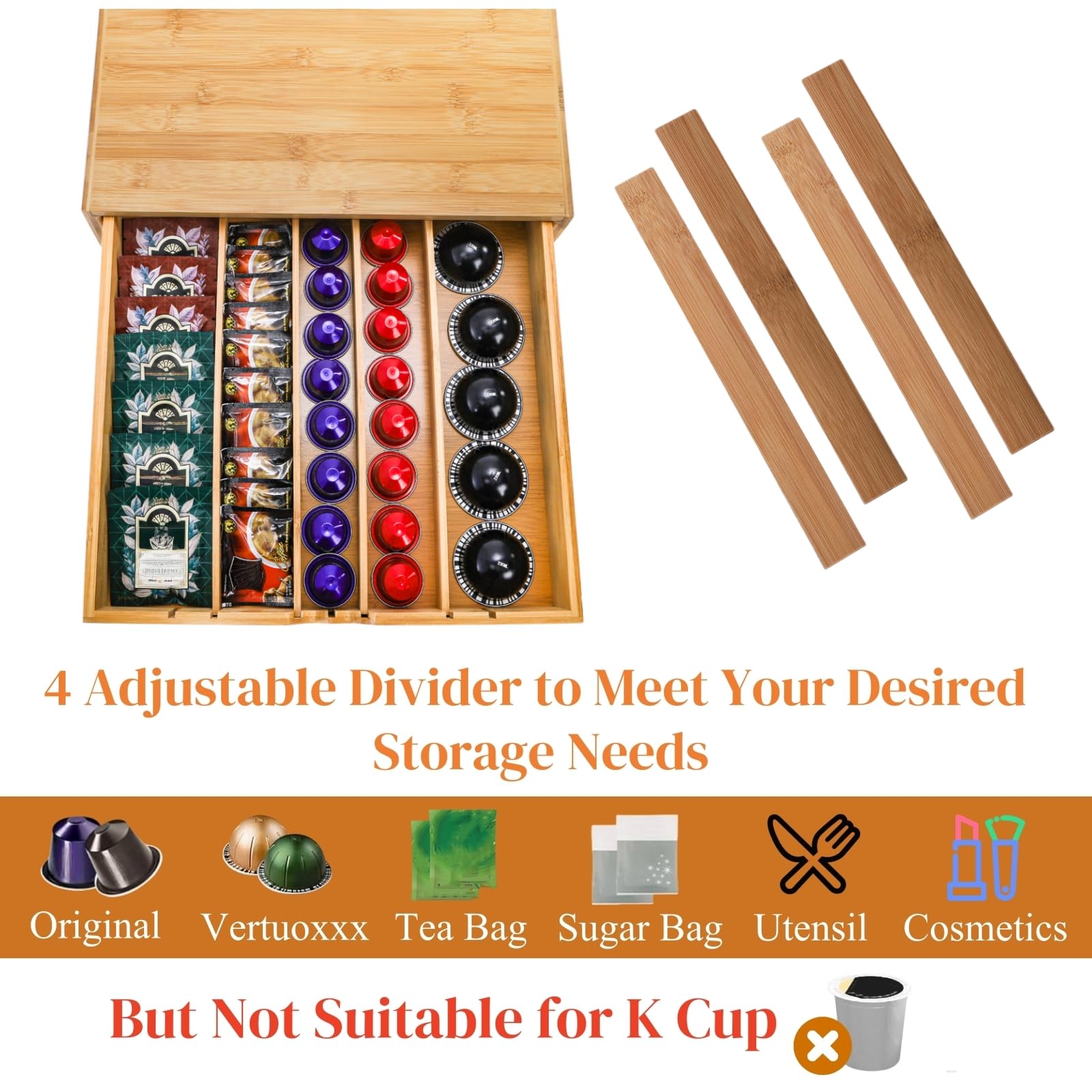 Peohud Bamboo Tea Bag Organizer, Tea Bag Storage Box for Countertop with Removable Divider Drawer, Functional Coffee Pod Holder for Kitchen, Office, Coffee Station, Tableware, Cosmetics