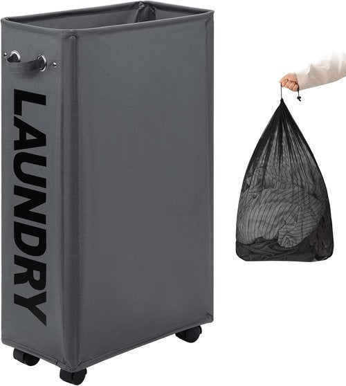DOKEHOM 29-Inch Slim Rolling Laundry Basket - Collapsible Hamper with Removable Wash Bag | Dark Grey