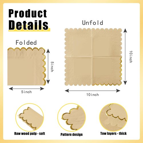 FALIZIFU 50 Pieces 2-Ply Brown Scalloped Napkins with Gold Foil Cocktail Napkins Disposable Paper Napkins for Dinner Wedding Baby Shower Birthday Party Beverage Napkins