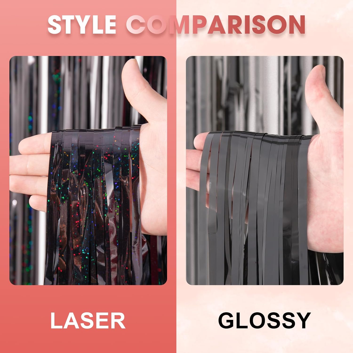 Voircoloria 3 Pack Laser Black Foil Fringe Backdrop Curtains - 3.3 x 8.2 ft Tinsel Streamers for Parties