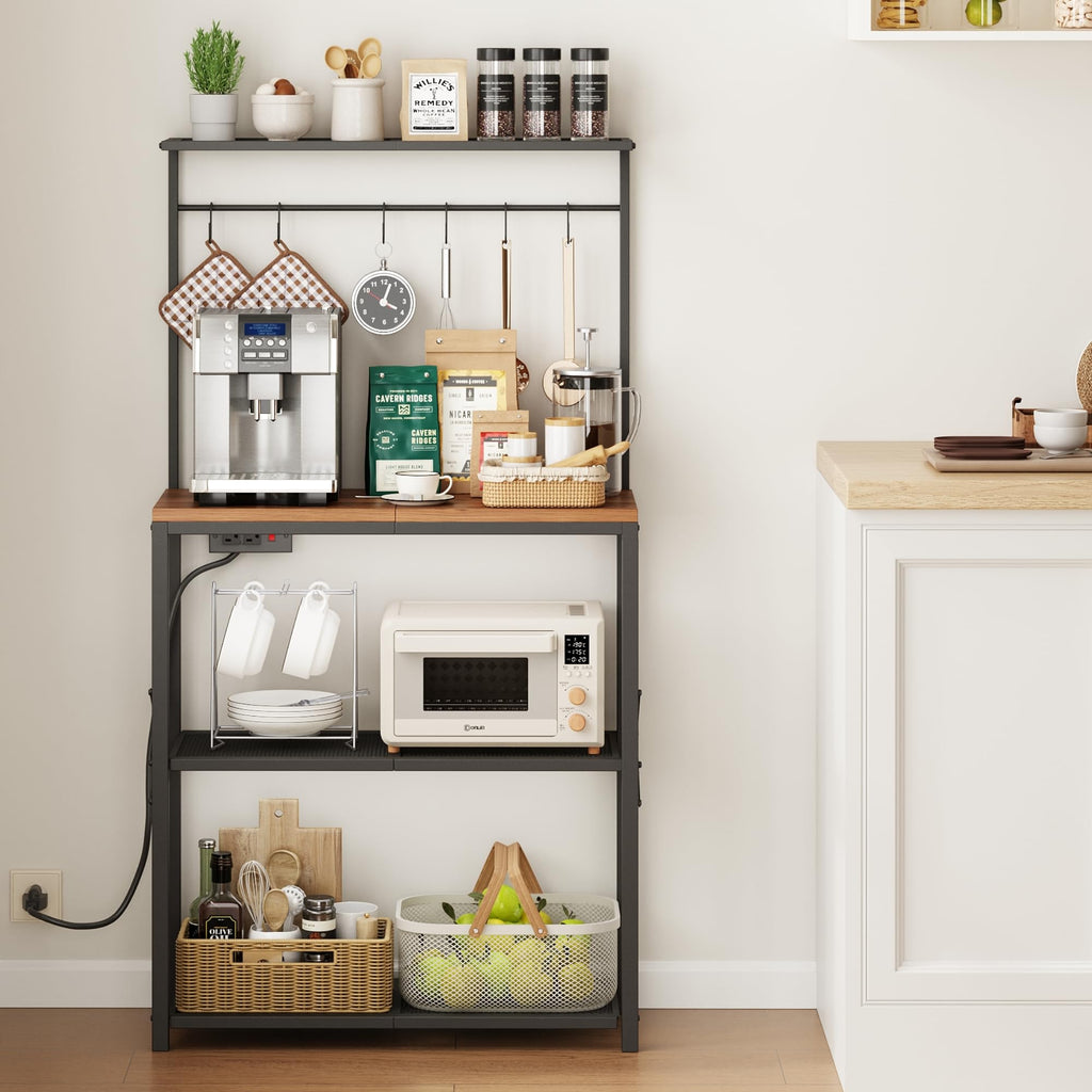 Txecpro kitchen Bakers Rack with Power Outlet, Coffee Bar Table 4 Tiers, Microwave Stand with 6 S-shaped Hooks, Kitchen Storage Shelf Rack for Spices, Pots and Pans，25.6" L x 12" W x 53.5" H