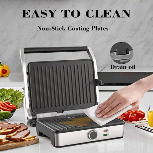 MUBENLIFE Panini Press, Electric Sandwich Press Grill, Open 180 Degrees, Electric Grill Indoor, Perfect for Grilling Sandwich, Steak, Burger, Adjustable Temperature Control, Non Stick Coating,GT60
