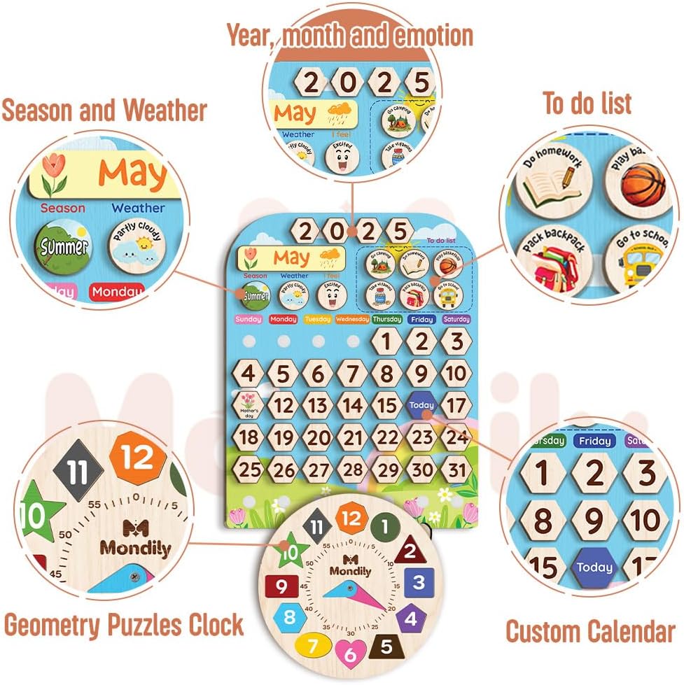 Skiennix Interactive Wooden Calendar for Kids Ages 3+ | Teach Seasons & Daily Activities (12 x 15 Inches)