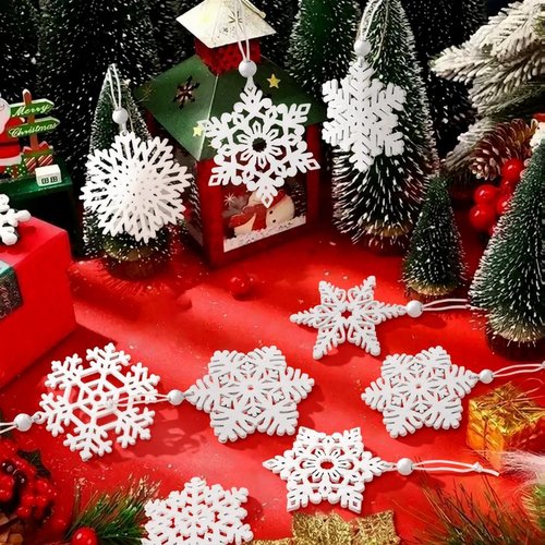 MEMOVAN 16PCS White Snowflake Ornaments - Wooden Hanging Decorations for Christmas Tree & Holiday Crafts