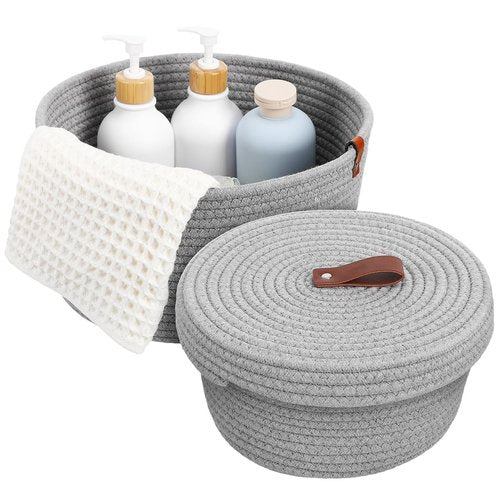 Cabilock Rope Storage Basket Set with Lid Woven Cotton Rope Organizer Baskets for Home Nursery Bathroom and Laundry Includes Large 10.62 Inch and Small Organizer for Closet and Shelf Storage