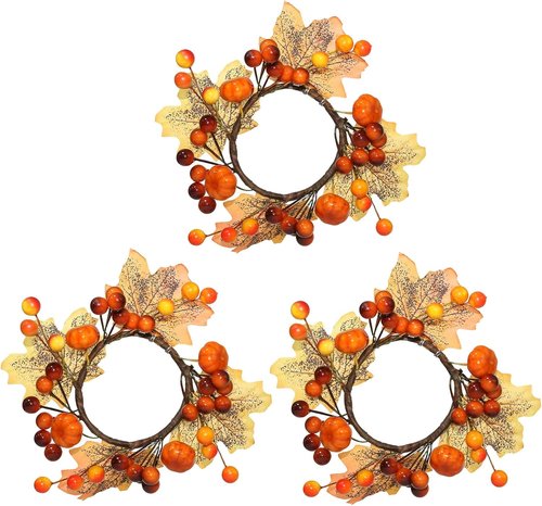 Fall Candle Rings by [Brand Name] - 3.5-Inch Decorative Taper Candle Holders with Maple Leaves & Pumpkins | Autumn Harvest Decor (Set of 3)