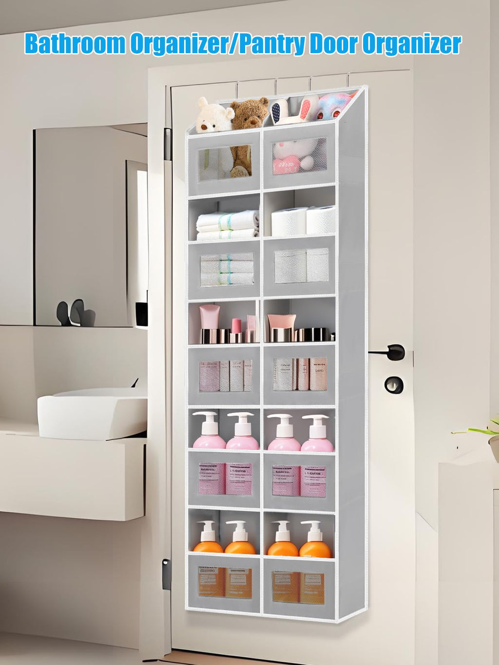 Over the Door Organizer Hanging- 10 Compartments, 80 lbs Load Behind Door Stuffed Animal Storage, Extra Large Toys Storage Organization for Bedroom, Bathroom, Closet, Nursery, Shoes, Diaper (grey)