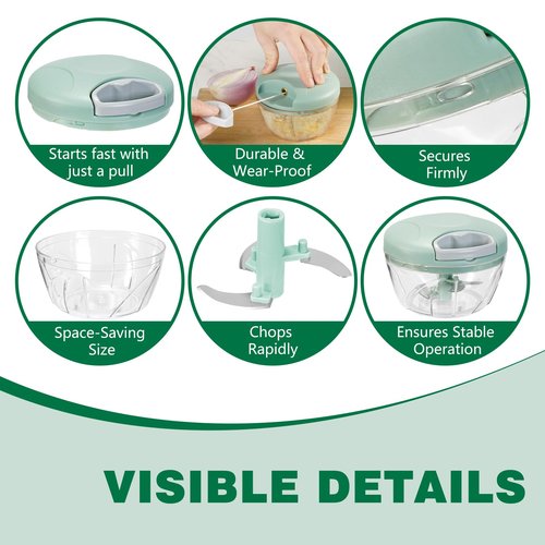 Manual Food Processor Vegetable Chopper,‌ Portable Hand Pull String Garlic Mincer Onion Cutter for Veggies, Suitable for Vegetables, Ginger, Garlic, Fruits, Onion, Potato, Salad (Green 500 ml)