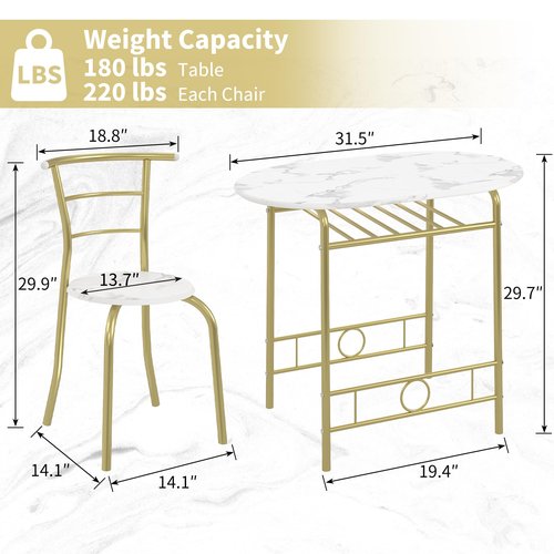 VECELO 3-Piece Dining Table Set for Kitchen Breakfast Nook, Wood Grain Oval Tabletop and Metal Frame with Built-in Wine Rack, for Small Spaces, White & Gold