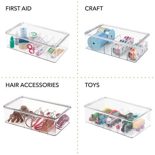 mDesign Stackable Plastic Storage Organizer Container for Kitchen Cabinets, Pantry, Countertops - Holds Kids, Child/Toddler Mealtime Sets, Small Accessories - 6 Sections - BPA Free, 2 Pack - Clear