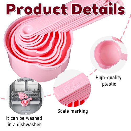 11Pcs Measuring Cups Pink Plastic Measuring Cup and Spoons, 5 Cups & 6 Spoons Set Kitchen Cup and Spoon Essentials Gadgets for Cooking & Baking Color Pink