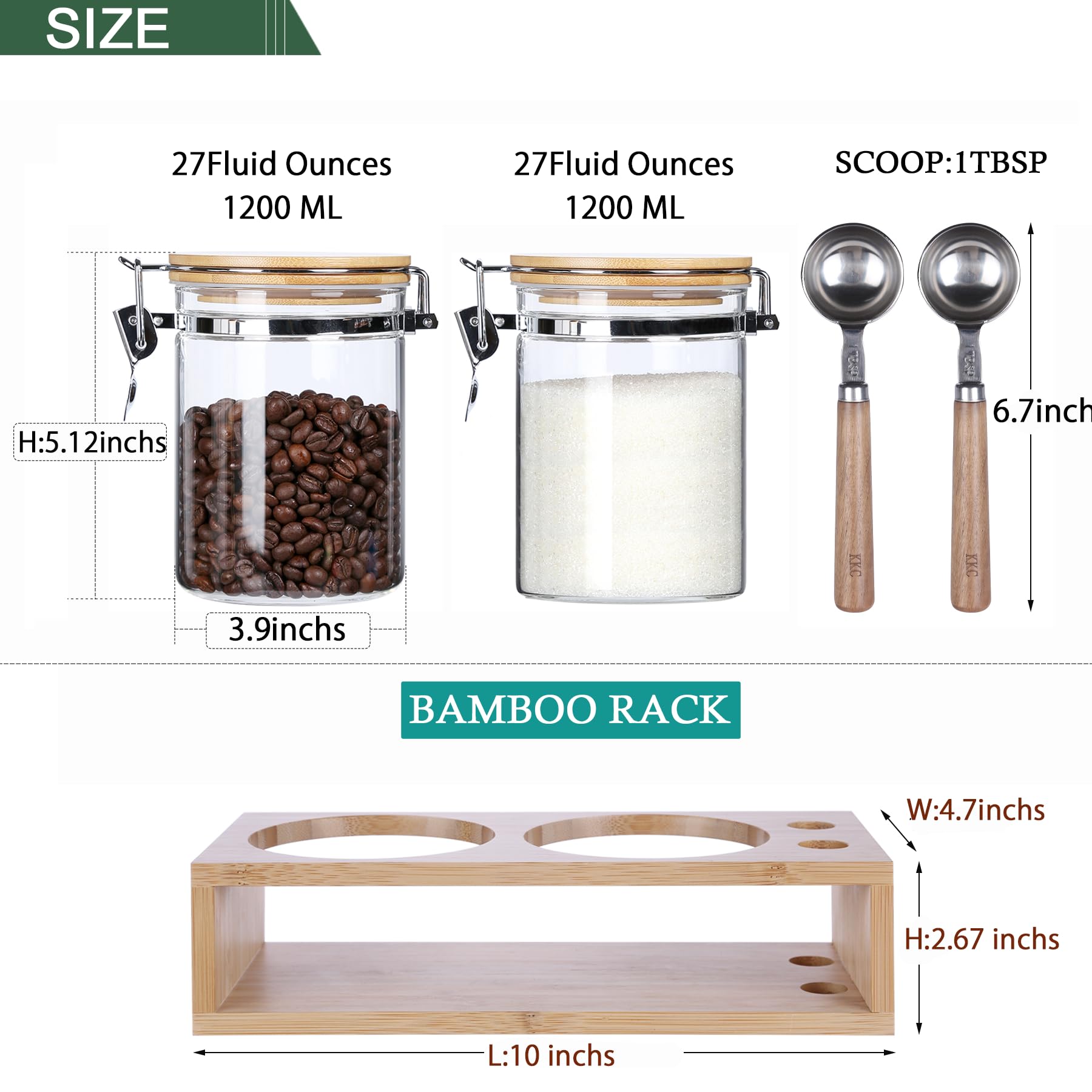 Set of 2 Airtight Glass Tea Canisters with Bamboo Lids & Spoons (27oz) - Ultimate Storage Containers for Loose Leaf Tea to Preserve Freshness & Flavor - Elegant Tea Caddy Jars for Kitchen & Pantry