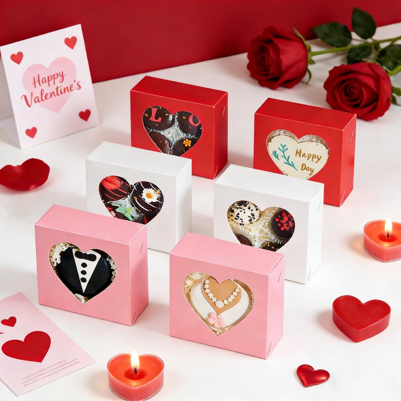 SLShePack 24Pack 4x4x2Inches Bakery Treat boxes with Heart Shaped Window Cookies Boxes Mini Baking Boxes for Cake Pie Cinnamon Roll Treat Chocolate Truffle Valentine's Day Favor