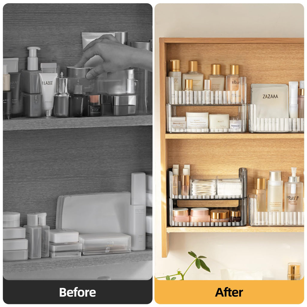 PAVSTINE 2-Tier Stackable Medicine Cabinet Organizer, Narrow Bathroom Makeup Organizer with Lipstick Holders & Cotton Swab Cases, Clear Countertop Shelf for Mirror Cabinet and Vanity
