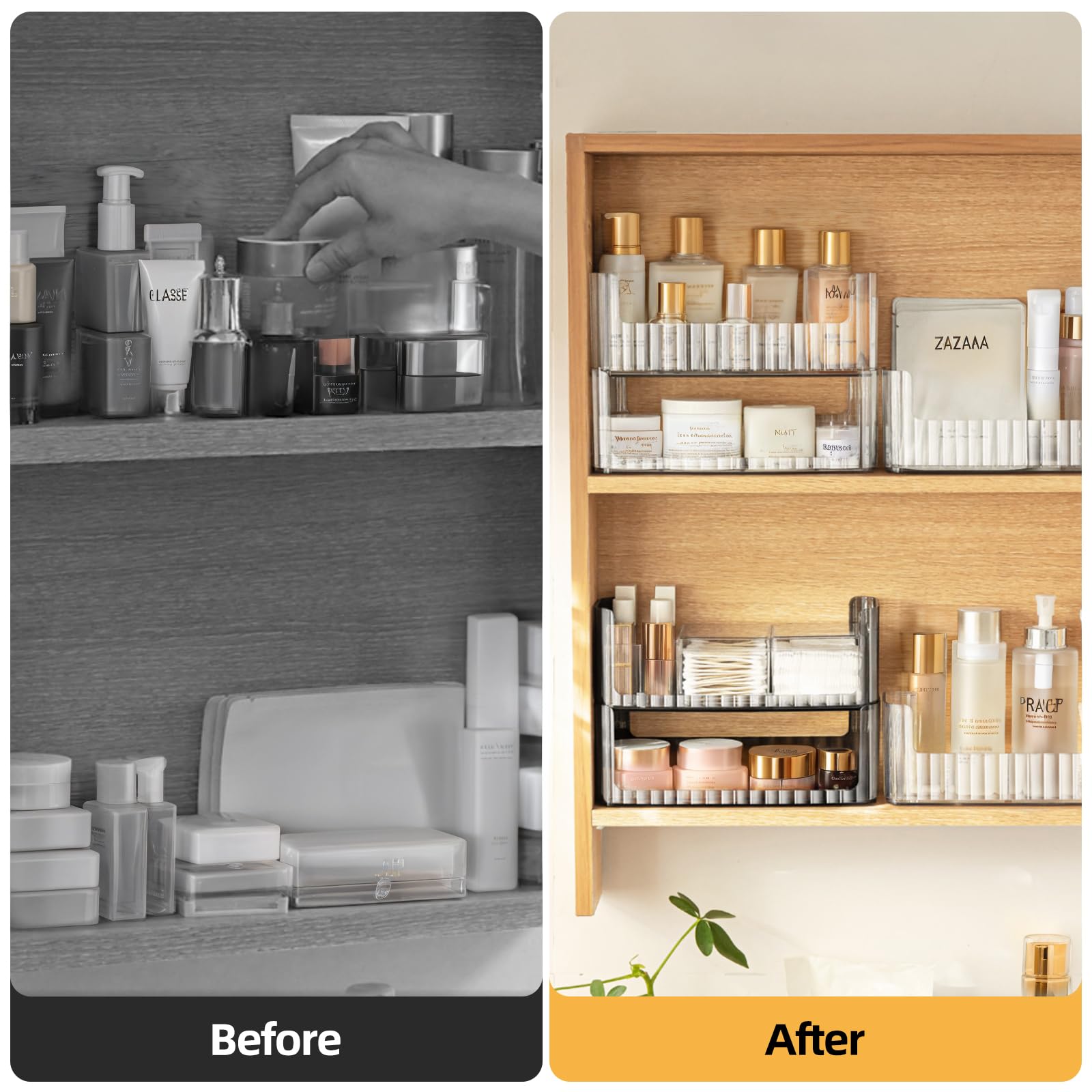 PAVSTINE 2-Tier Stackable Medicine Cabinet Organizer, Narrow Bathroom Makeup Organizer with Lipstick Holders & Cotton Swab Cases, Clear Countertop Shelf for Mirror Cabinet and Vanity