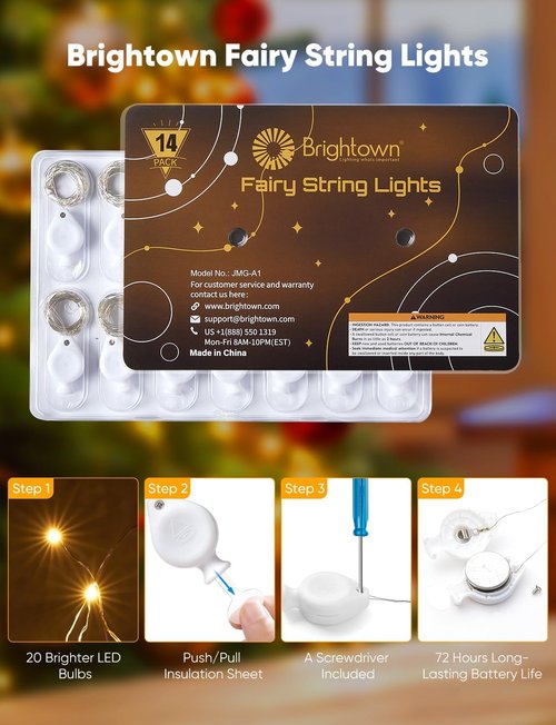 Brightown 14 Pack LED Fairy Lights - Warm White & White Battery Operated | 7ft Waterproof Silver Wire for DIY Decor