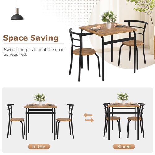 VECELO 3 Piece Dining Table & Chairs Set for 2, Metal and Wooden Square Kitchen Dinette Set for Small Space, Breakfast Nook, Saving Space, Brown