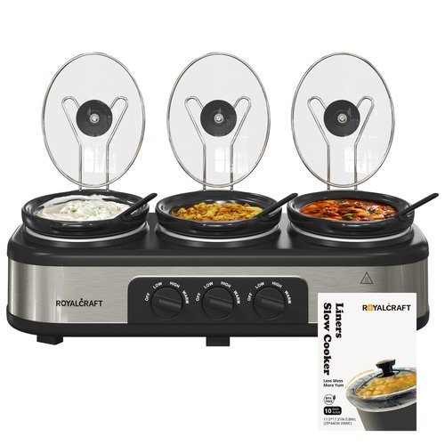 SUNVIVIPRO Triple Slow Cooker Buffet Server with 10 Cooking Liners, Adjustable Temperature Settings, Dishwasher Safe, for Parties, Holidays and Entertaining, 3 * 1.5 Quarts Silver