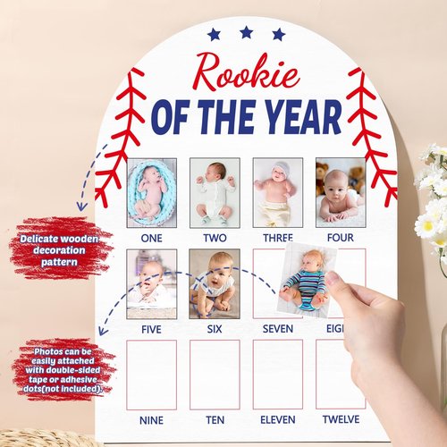 Baseball First Year Photo Board Rookie of the Year Birthday Party Decoration Wooden Board 12 Monthly Milestone Picture Frame Sport 1st Birthday Banner for Babyboy Keepsake Gift Supply(Fit 2x2.8in Pic)