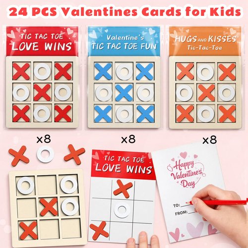 NAXYAN Valentines Day Cards for Kids School-24 Packs Valentines Gifts for Kids Classroom with Wooden Tic Tac Toe Valentine Gifts for Class Exchange Valentine's Party Favors