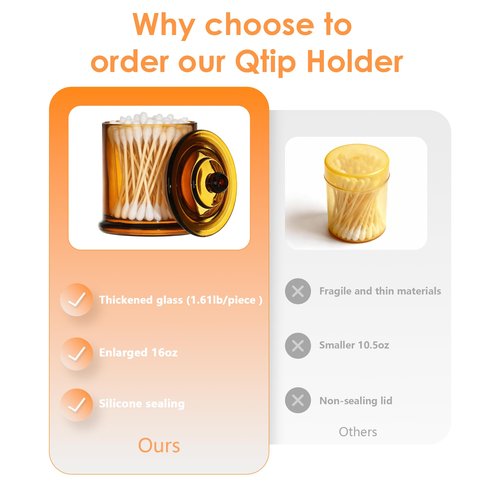 LITIVY 4 Pack Bathroom Organizers and Storage - 16 Oz Glass Qtip Holder & Cotton Pad Dispenser with Lid, Apothecary Jars for Home, Room Decor, Kitchen Organizer (Amber)