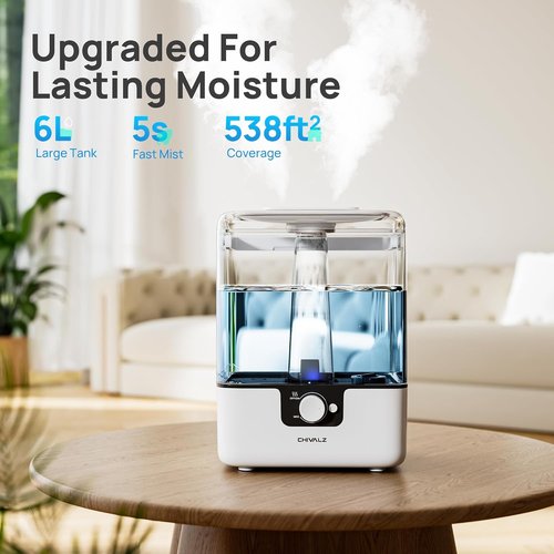 CHIVALZ 6L Cool Mist Humidifier - Quiet Top Fill Design for Bedroom & Baby | 50 Hours, Night Light, White