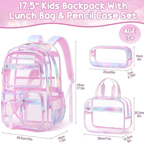 Fimibuke Clear Backpack - 3PCS Heavy Duty PVC Set with Lunch Box & Pencil Case | Cute Toddler School Bag