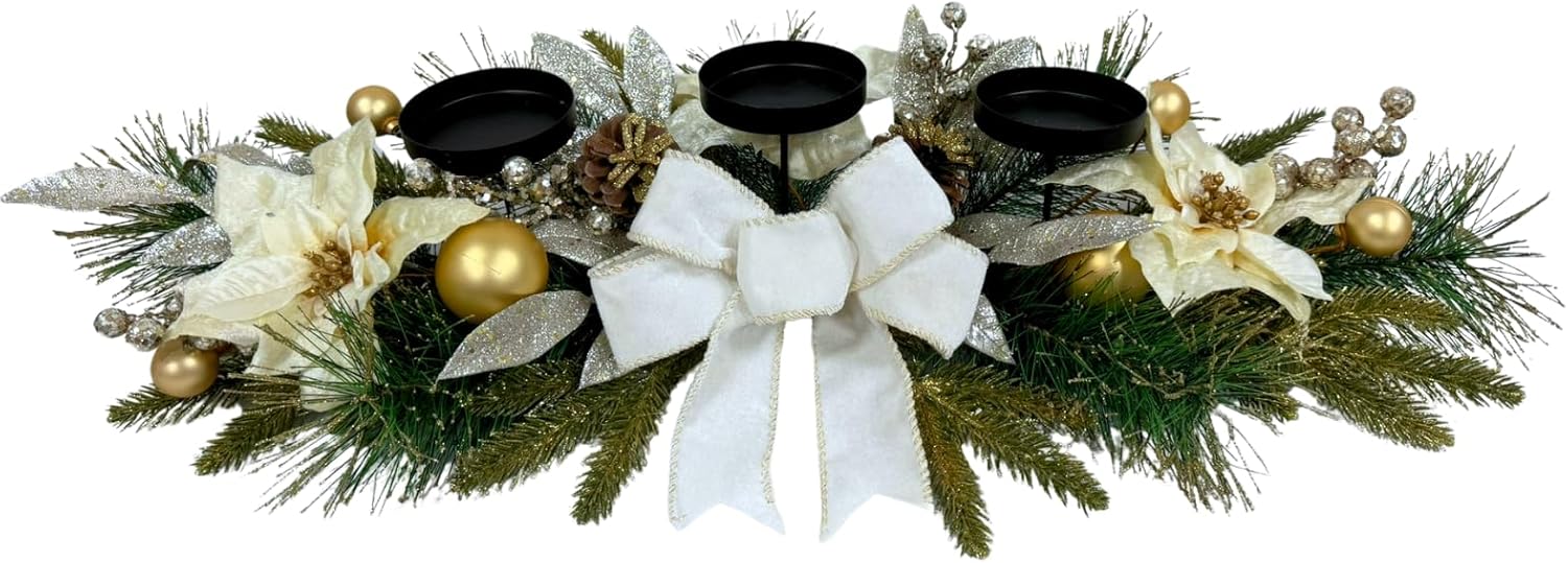 Svndlyn Christmas Candle Holders - Elegant 3-Piece Centerpiece with Poinsettia Flowers & Glitter Pinecones