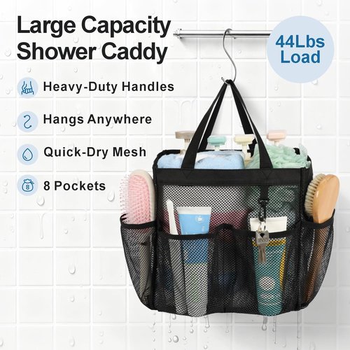 F-color Mesh Shower Caddy - Portable 8 Pocket Quick Dry Organizer for College Dorm & Travel | Black