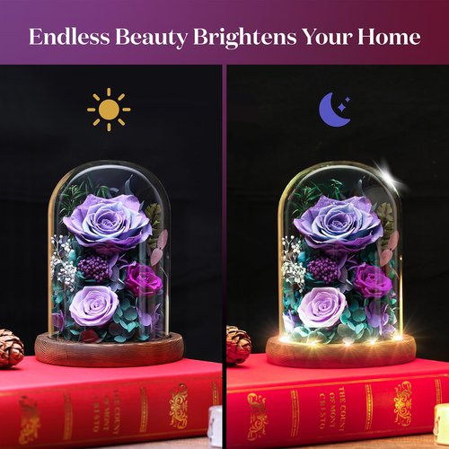 Valentine's Day Flower Gifts for Her - Forever Fresh Flowers Bouquet for Delivery, Preserved Purple Rose in Glass Dome with Light as Birthday Gifts for Women, Mom, Grandma, Friend, Wife, Girlfriend
