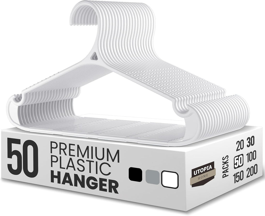 Utopia Home Plastic Hangers - Heavy Duty Non-Slip Hangers for Shirts & Pants | 50 Pack in White