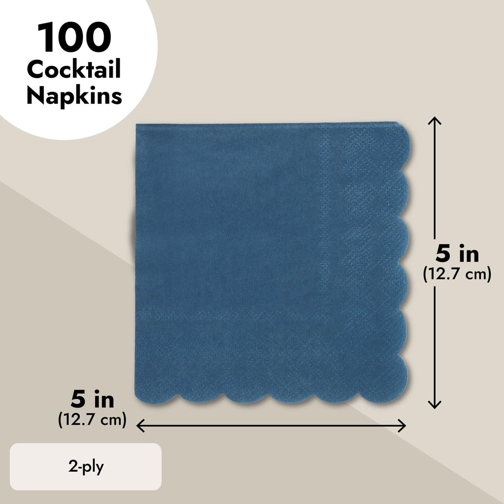 Juvale Navy Blue Napkins - 100 Count, 5 x 5 in, 2-Ply - Scalloped Cocktail - Party Napkins for Weddings Bridal Showers & Events