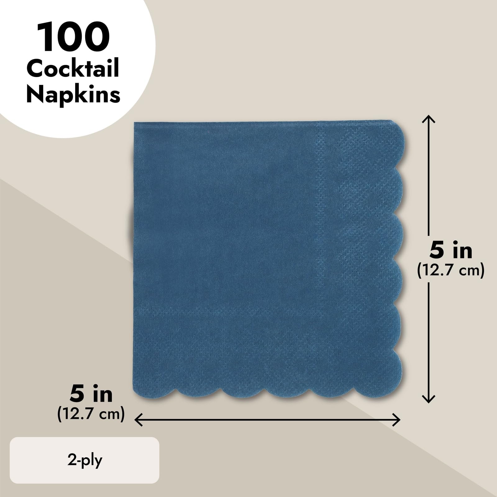 Juvale Navy Blue Napkins - 100 Count, 5 x 5 in, 2-Ply - Scalloped Cocktail - Party Napkins for Weddings Bridal Showers & Events