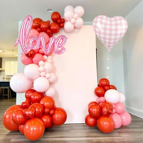 Red Pink Balloons, 50pcs Red And Pink Balloons With Love Checkered Heart Foil Balloon For Valentine's Day Birthday Baby Shower Party Wedding Engagement Bridal Shower Anniversary Decorations Supplies