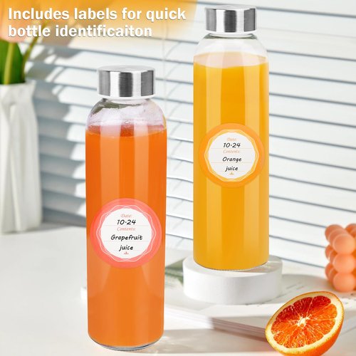 PROBTTL 18 oz Glass Juice Bottles with Lids – Refillable Clear Glass Water Bottles with Stainless Steel Airtight Caps, Dishwasher Safe, Reusable Drinking Juice Containers (6-Pack, No Sleeves)