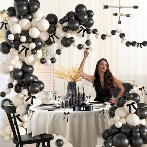 Black Sand White Balloon Garland Arch Kit, Coquette Birthday Decorations 158Pcs Black Bow Long Balloons Sand White Balloons Different Size for Wedding Bridal Engagement Bachelorette Party Decorations