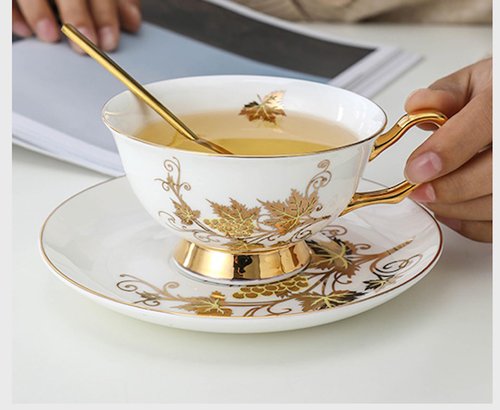 Table Fashion Essentials TFE's Tea Cup and Saucer Set - 6 Pcs Bone China with Vintage Design Gift Set - Coffee Cup and Espresso Cup Set for Any Occasion Including Formal Gatherings (Golden Vines)