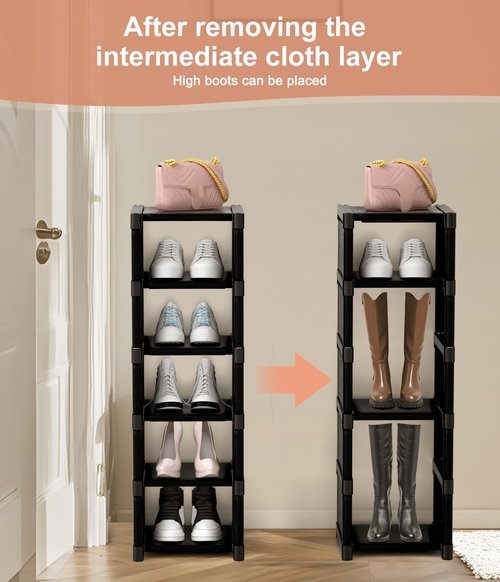 XXXAXXX 6-Tier Narrow Shoe Rack, Vertical Small Space Shoe Organizer, 9.84" Compact Slim Shoe Shelf for Closet & Entryway, Sturdy & Tool-Free Assembly, Adjustable Height for Boots