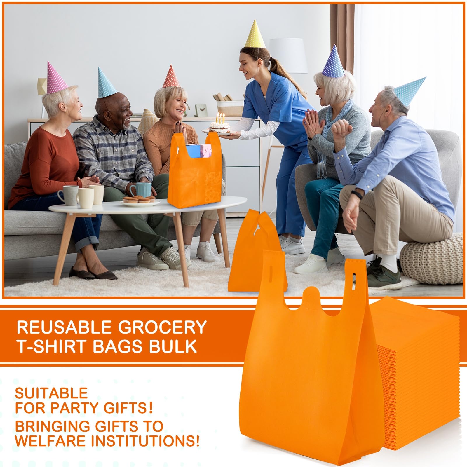 Windyun Large Grocery T-shirt Bags Bulk Reusable Non Woven Shopping Bag Foldable Gift Tote with Handle, 21x11x6 Inch(200 Pcs,Orange)